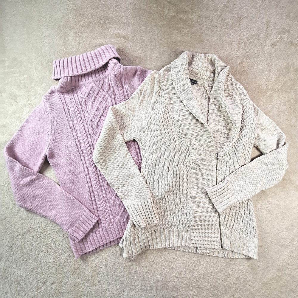 Eddie Bauer Sweater Women's Medium Pink Beige Lot 2 Chunky Cardigan Turtleneck